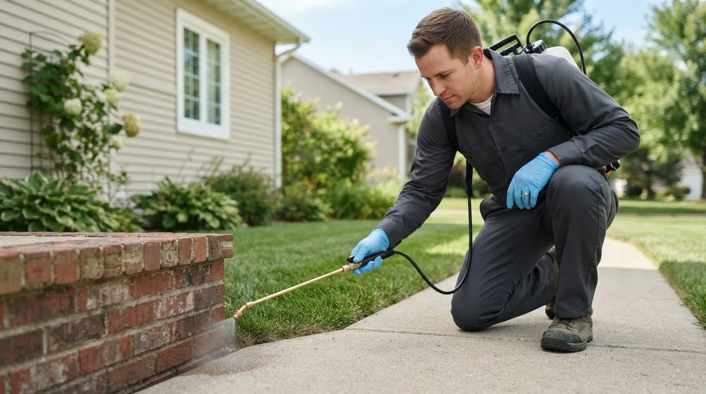 Pest control technician treating a home near Stow, OH