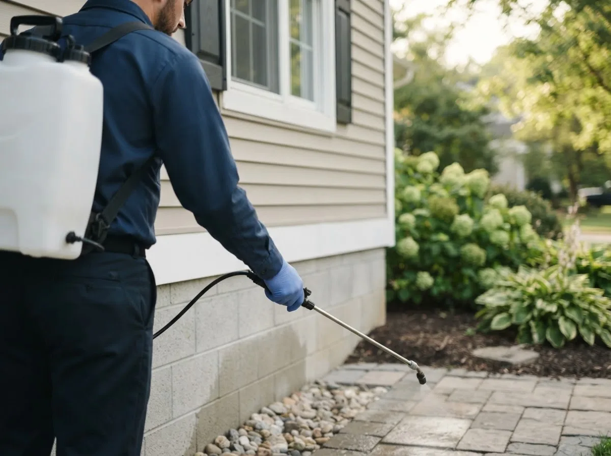 Pest control technician inspecting a home in Stow, OH